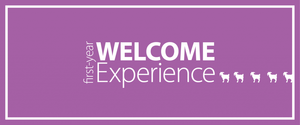 A purple rectangle with white letters that reads firs year Welcome Experience